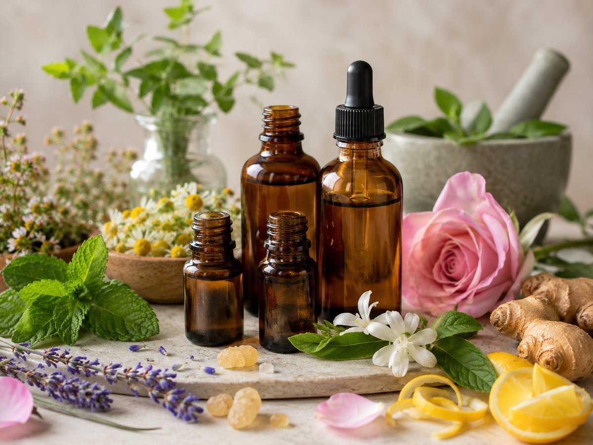 Amber essential oil bottles surrounded by fresh herbs, rose, lavender, ginger and citrus