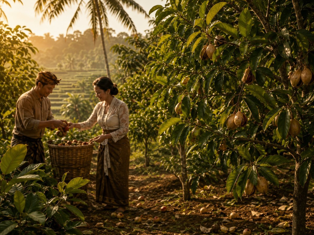 Balinese farmers harvesting nutmeg in our garden at golden hour
