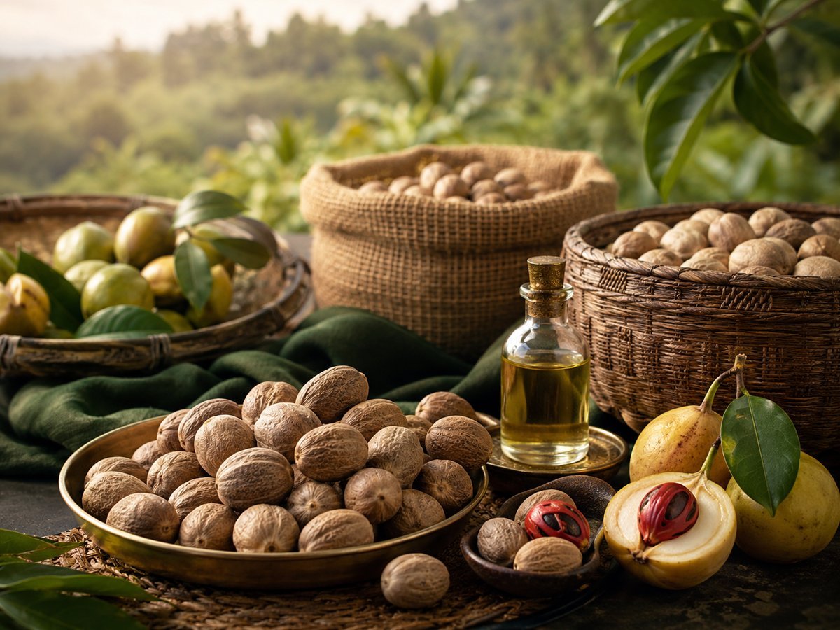 Baskets and sacks of whole Indonesian nutmeg with fresh fruit, mace and nutmeg oil